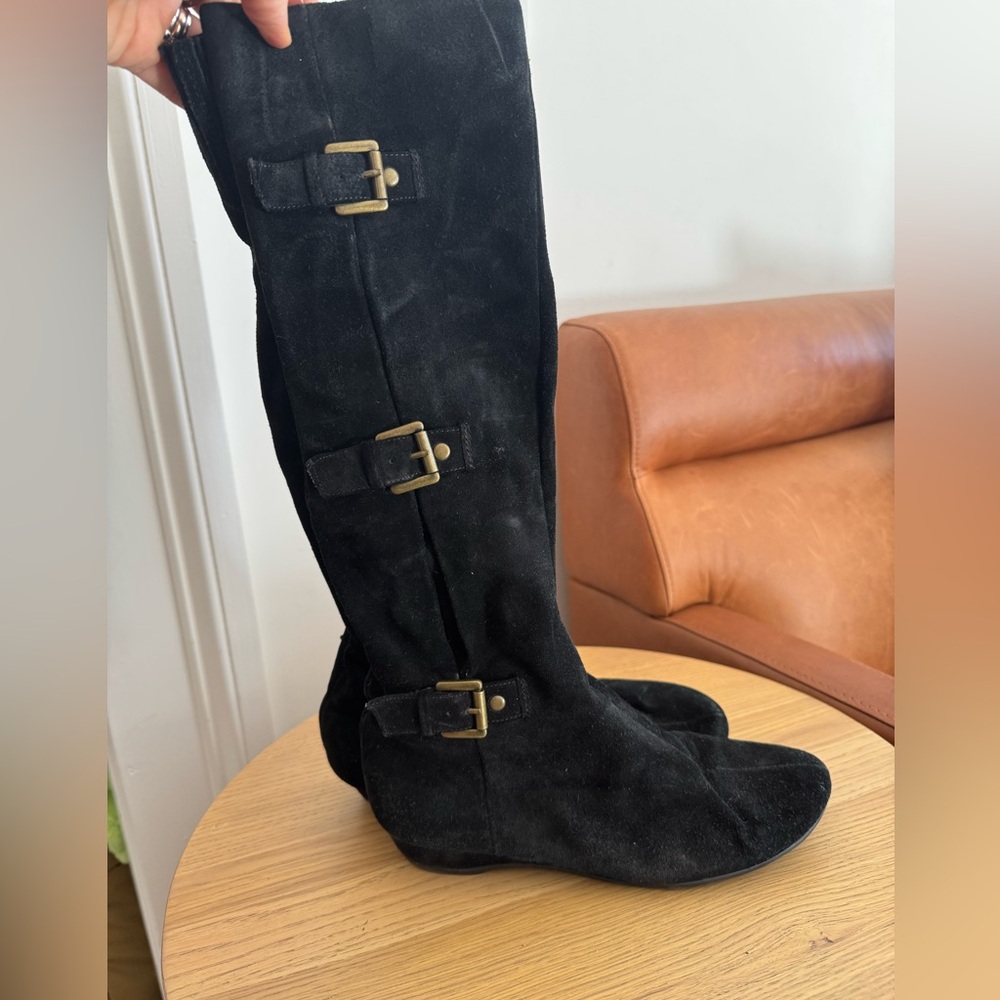 AEROSOLES Tall black soft suede boots with muted gold buckles Sz 7.5